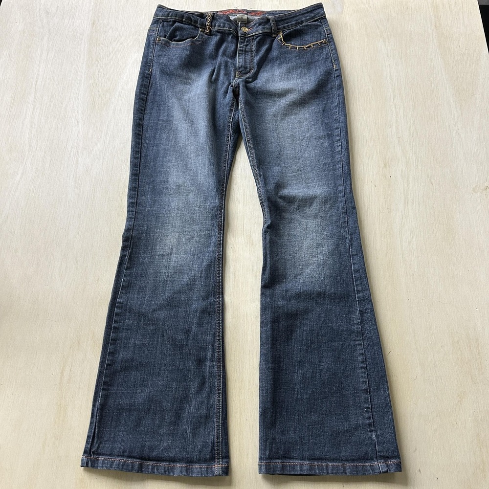 Shorty Embroidered Flare Jeans Womens 15 Med Wash Blue Low Rise Stretch Denim